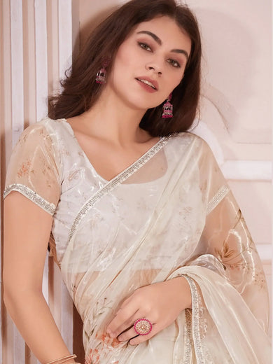 Alluring Cream Floral Printed Organza Festival Wear Saree With Blouse